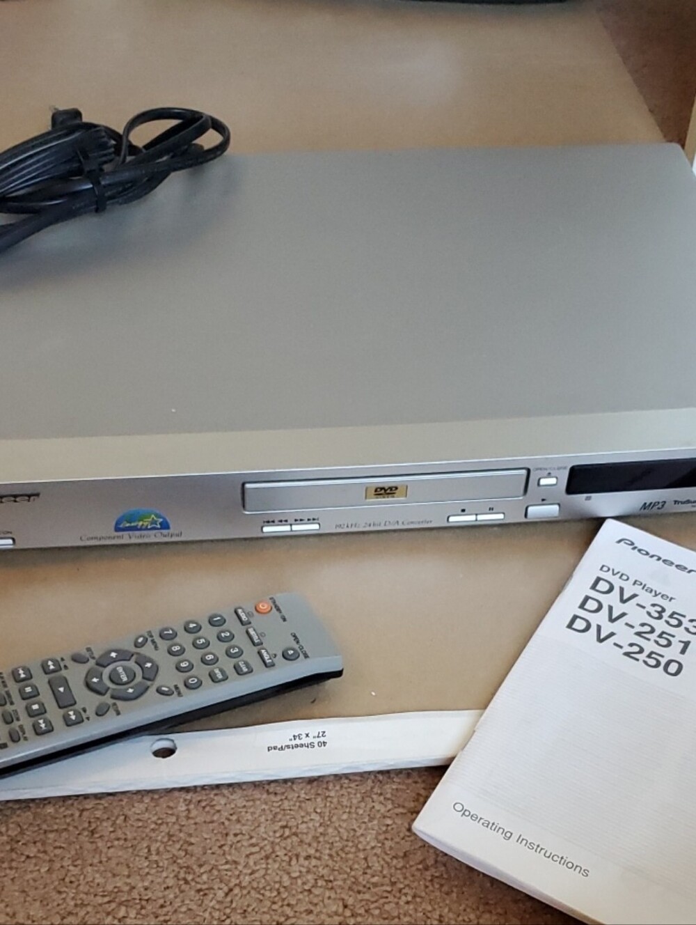 PIONEER Silver DVD Player with Remote and Manuals